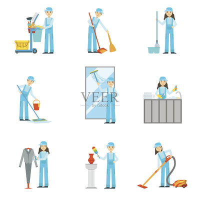 提供清洁服务的工人在蓝色的统一套插图矢量图素材下载 - Veer图库