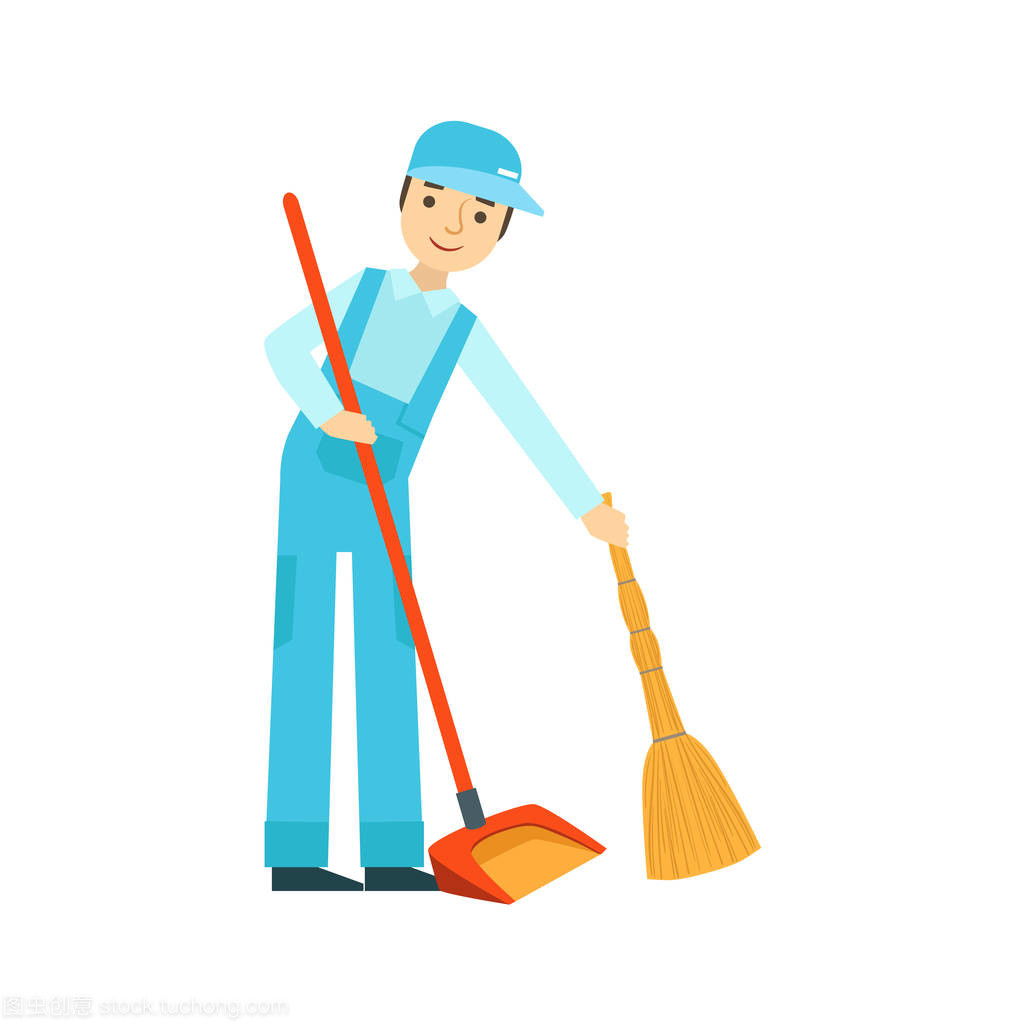 用扫把和抹布擦地板、 清洗服务专业清洁剂均匀在家庭中的男人